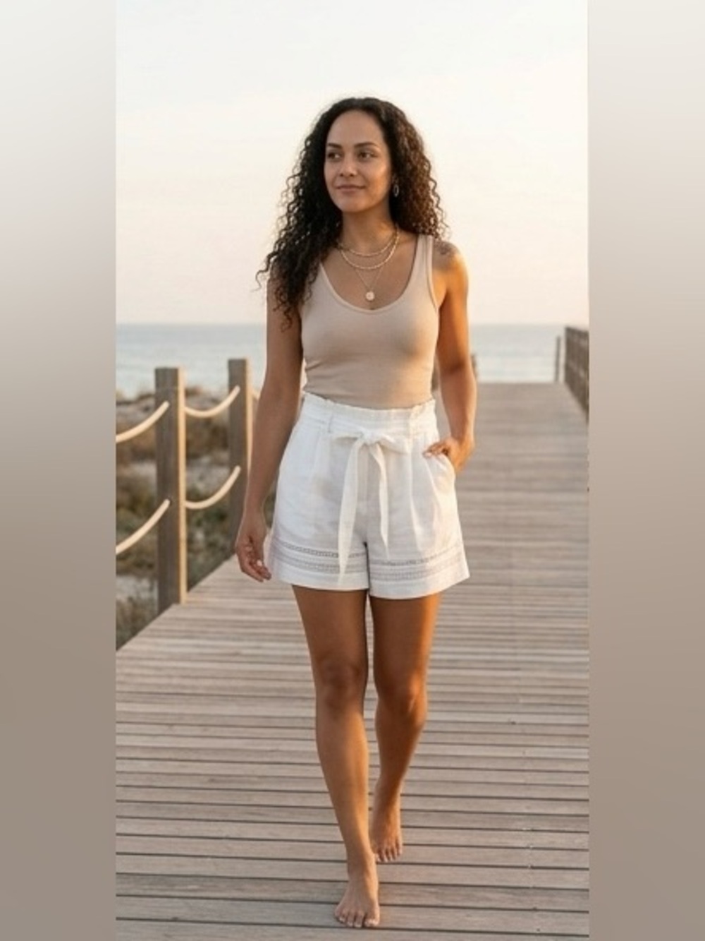 WHBM White Linen Blend Paperbag Shorts Size 4 Coastal Resort